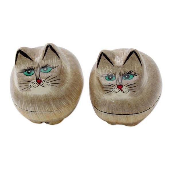 Alternate image for Indian Handcrafted Cat Theme Papier Mache Boxes Pair Contented Kitties