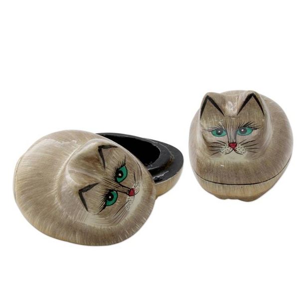 Alternate image for Indian Handcrafted Cat Theme Papier Mache Boxes Pair Contented Kitties