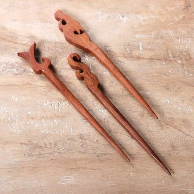 Alternate image for Set of 3 Hand-Carved Natural Brown Mango Wood Hairpins Palatial Grace
