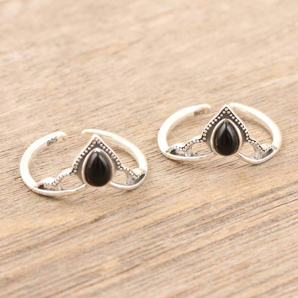 Black Onyx and Sterling Silver Toe Rings Pair 'Magic Crown'