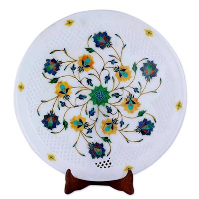 Alternate image for Jali Pattern Floral Marble Inlay Decorative Plate from India Natural Harmony