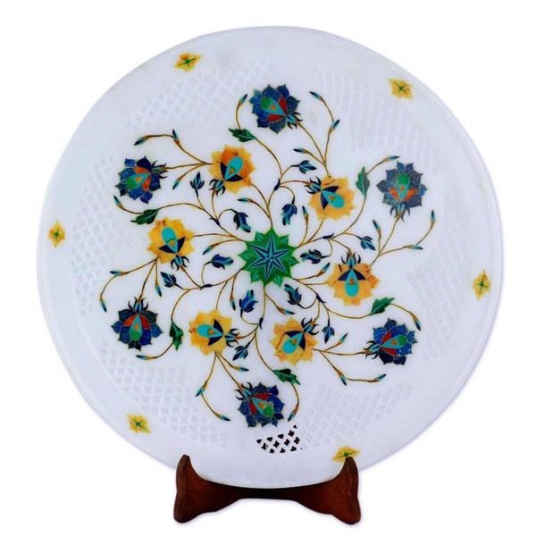 Alternate image for Jali Pattern Floral Marble Inlay Decorative Plate from India Natural Harmony