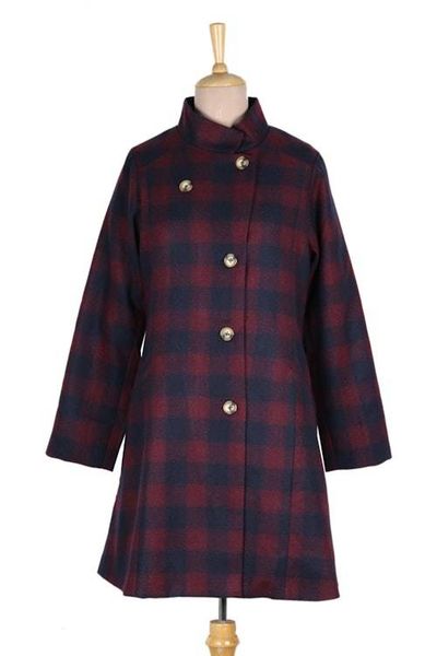Alternate image for Wine and Navy Check Wool Blend Car Coat Jaipur Classic