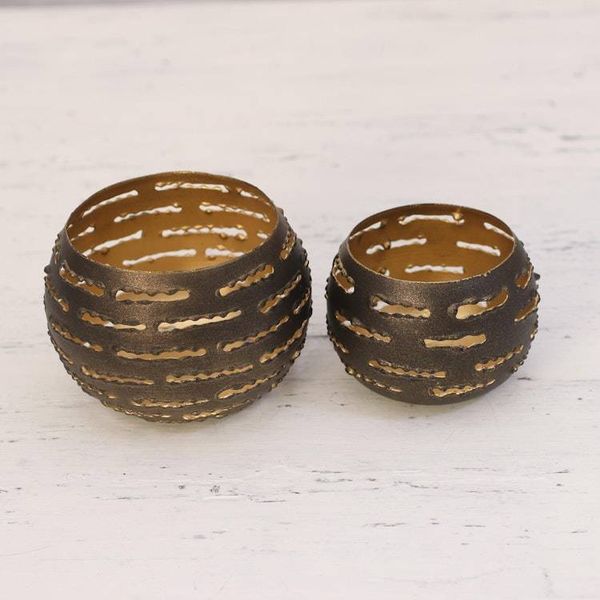 Alternate image for Pair of Handcrafted Steel Tealight Holders from India Slatted Glow