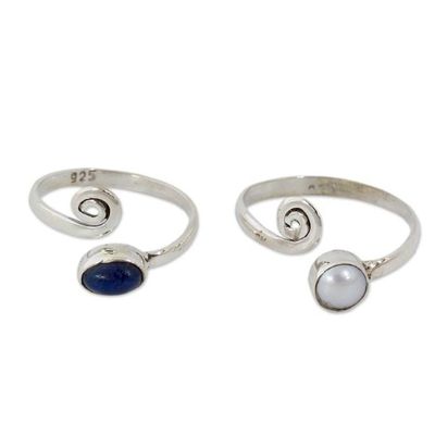 Alternate image for Pearl and Lapis Lazuli Sterling Silver Toe Rings Pair Pretty Perfection