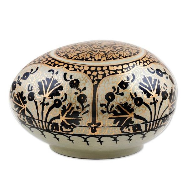 Alternate image for Hand-Painted Papier Mache Box with Leaf Motif Midnight Delight in Aqua