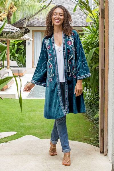 Primary image for Embroidered Long Blue Cotton Velvet Open Front Jacket Kashmiri Garden
