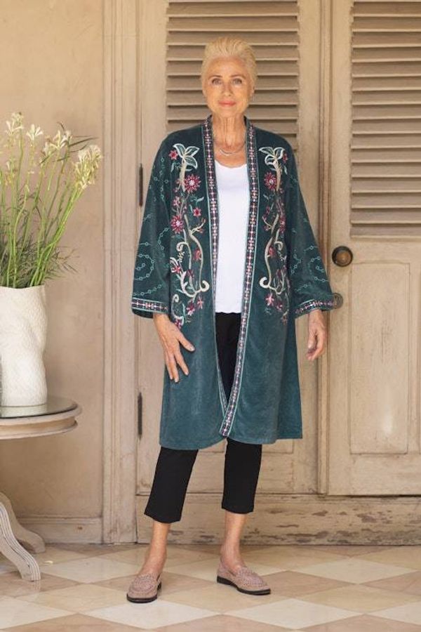 Alternate image for Embroidered Long Blue Cotton Velvet Open Front Jacket Kashmiri Garden