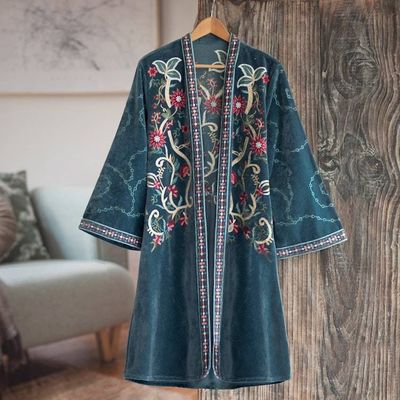 Alternate image for Embroidered Long Blue Cotton Velvet Open Front Jacket Kashmiri Garden
