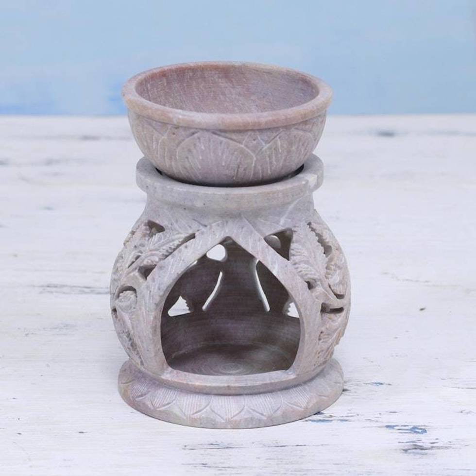 Handcrafted Leaf Motif Soapstone Oil Warmer from India 'Garden of Leaves'