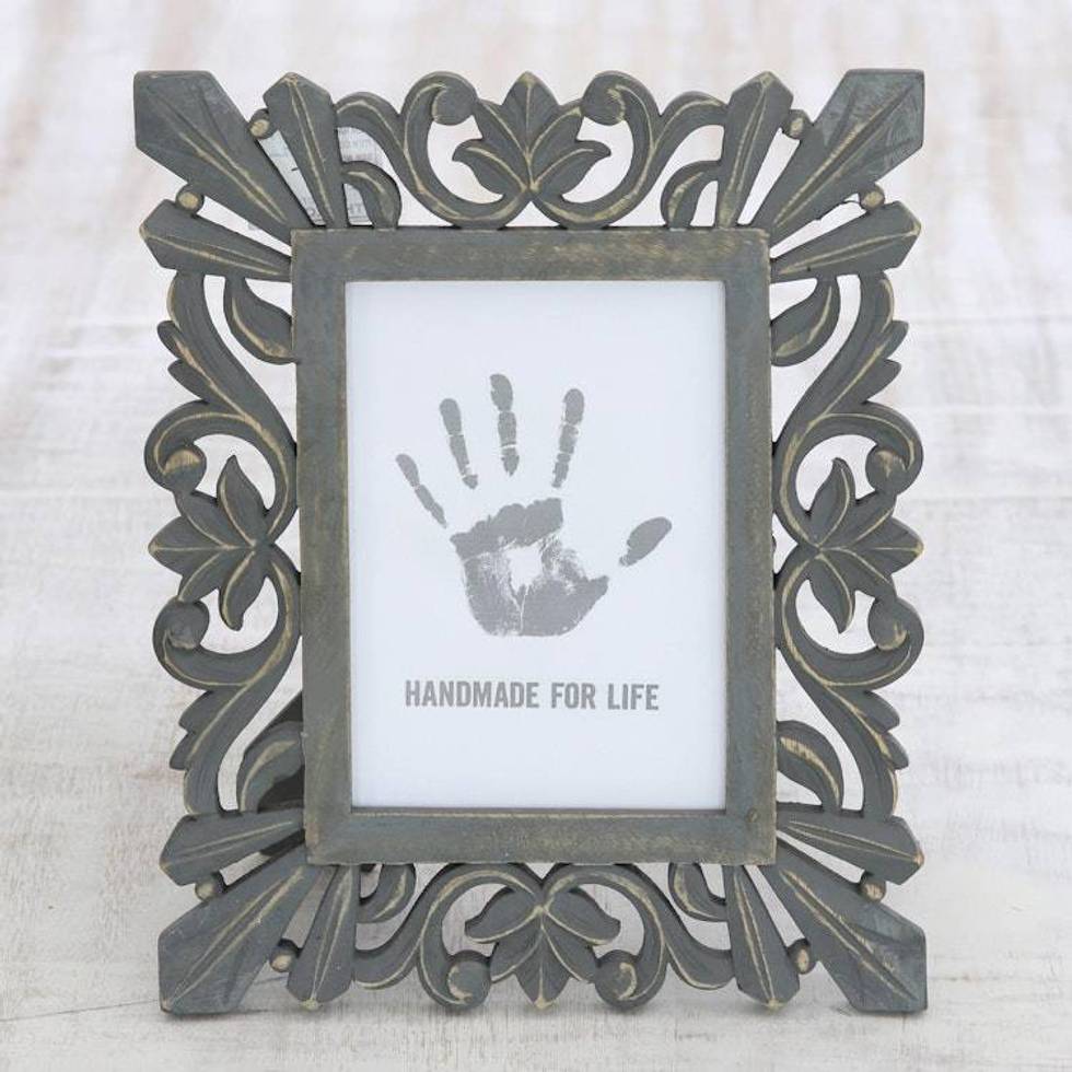 Dark Grey Distressed Hand Carved Mango Wood Photo Frame 5x7 'Treasured Memories'