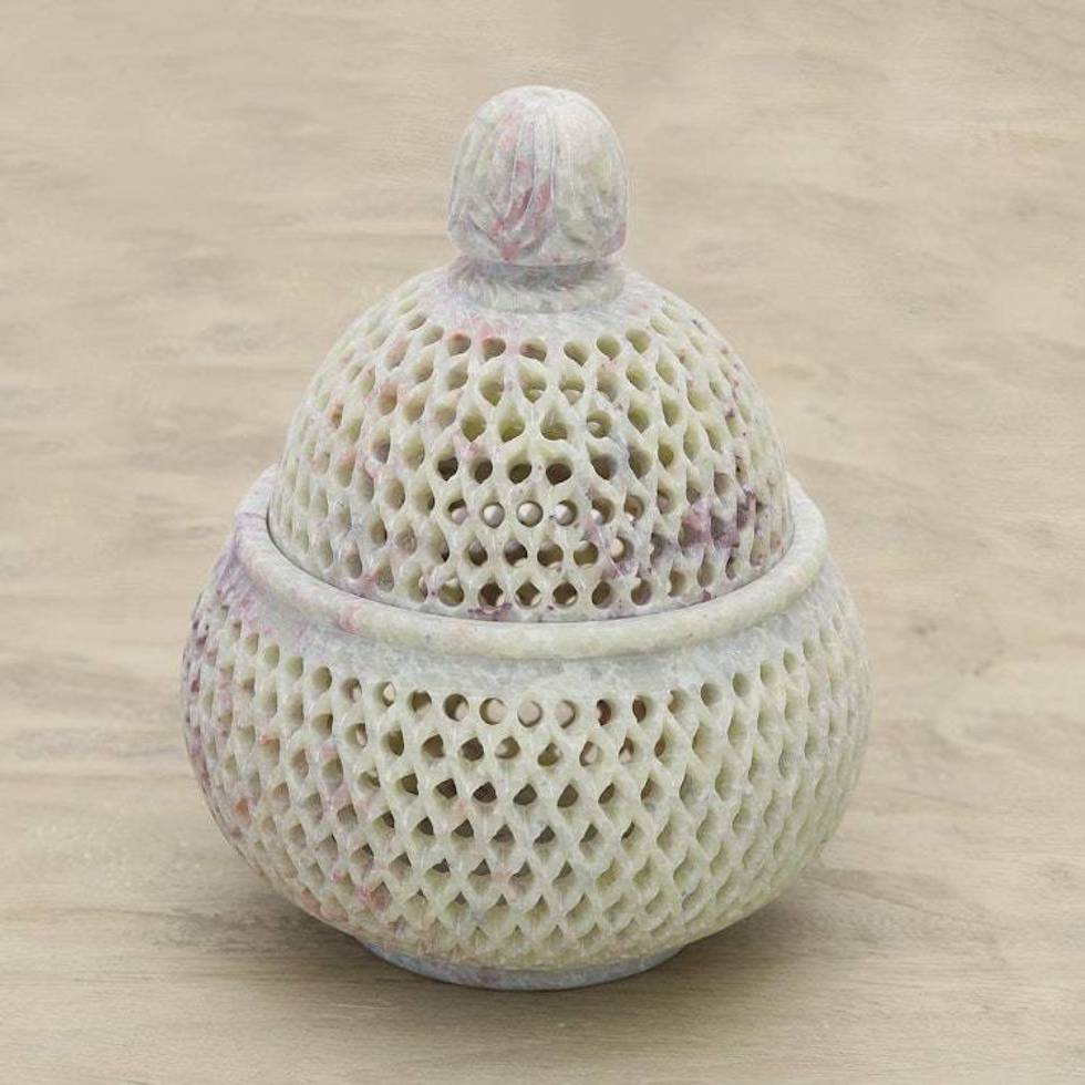 Handcrafted Jali Soapstone Beige Jar and Bottle Large 'Lattice Lace'