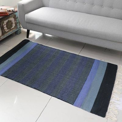Primary image for 3 by 5 Foot Handwoven Blue Cotton Rug from India Blue Shadow Harmony