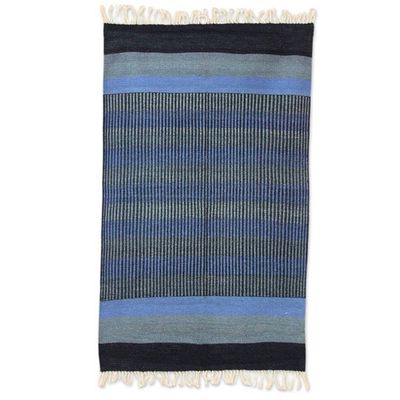 Alternate image for 3 by 5 Foot Handwoven Blue Cotton Rug from India Blue Shadow Harmony
