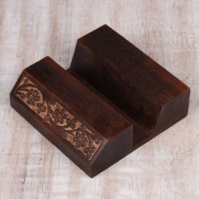 Alternate image for Wood Mobile Device Stand with Hand Carved Floral Motif Desk Garden