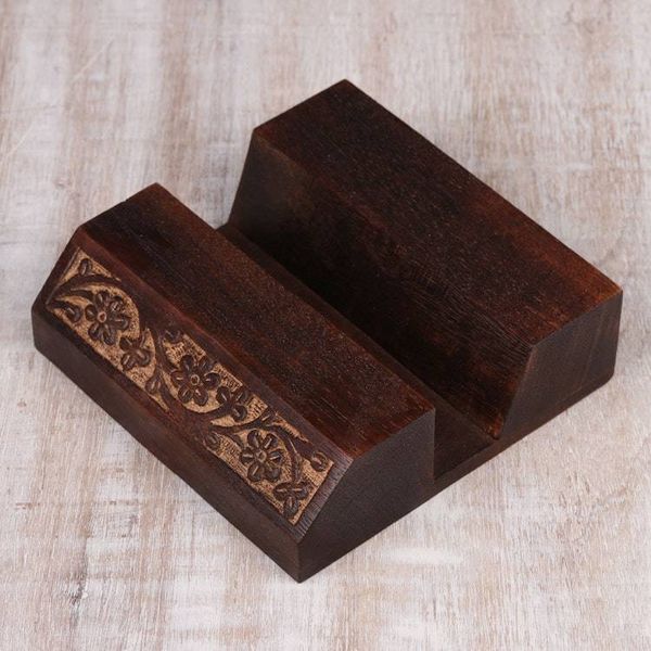 Alternate image for Wood Mobile Device Stand with Hand Carved Floral Motif Desk Garden