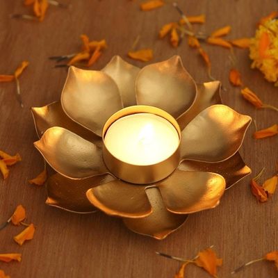 Primary image for Gold Finish Steel Lotus Blossom Tealight Candleholder Golden Lotus Glow