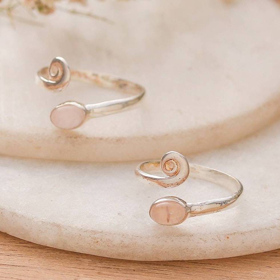 Curly-Shaped Sterling Silver and Rose Quartz Toe Ring Pair 'Tender Curls'