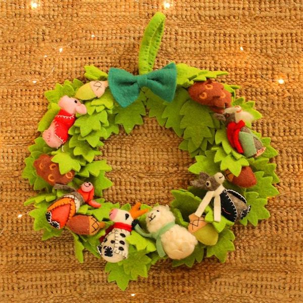 Alternate image for Leafy Barn Animal Themed Green Wool Felt Wreath from India BarnyardParty