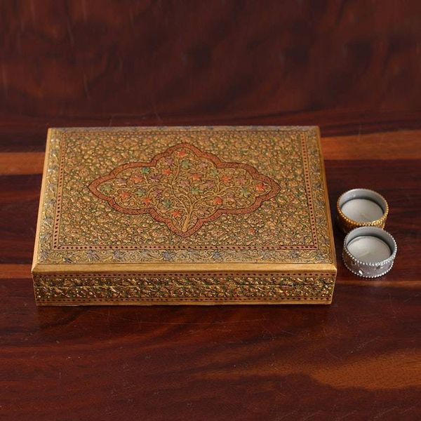 Alternate image for Classic Leafy-Patterned Golden Papier Mache Decorative Box Sylvan Glory