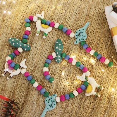 Alternate image for Colorful Llama and Cactus-Themed Wool Felt Garland Festive Llamas