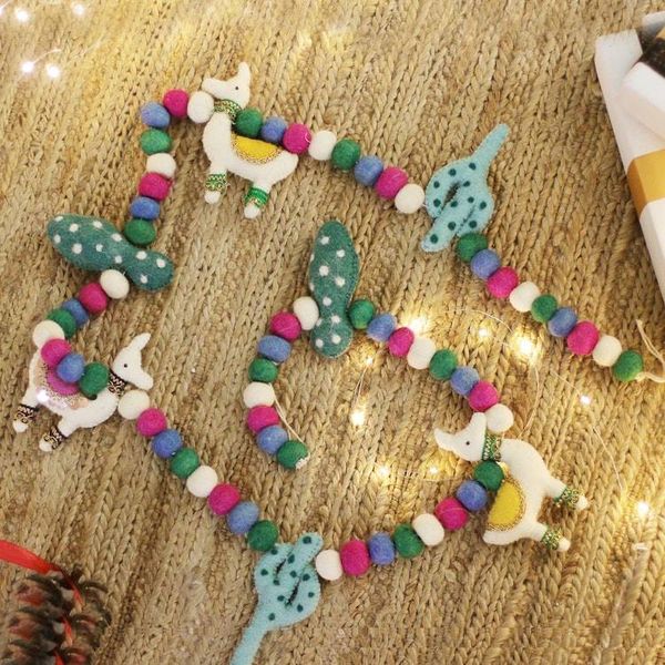 Alternate image for Colorful Llama and Cactus-Themed Wool Felt Garland Festive Llamas