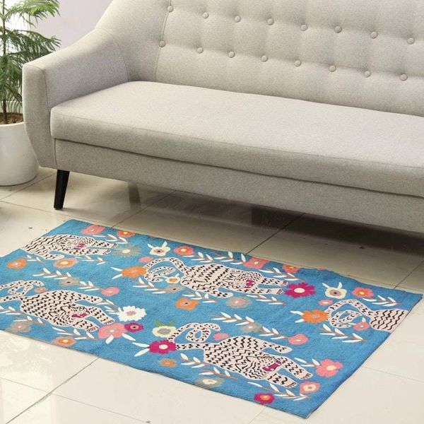 Alternate image for Floral and Tiger Motif Wool Area Rug from India Tiger Delight