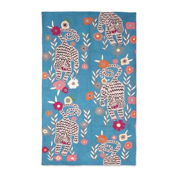 Alternate image for Floral and Tiger Motif Wool Area Rug from India Tiger Delight