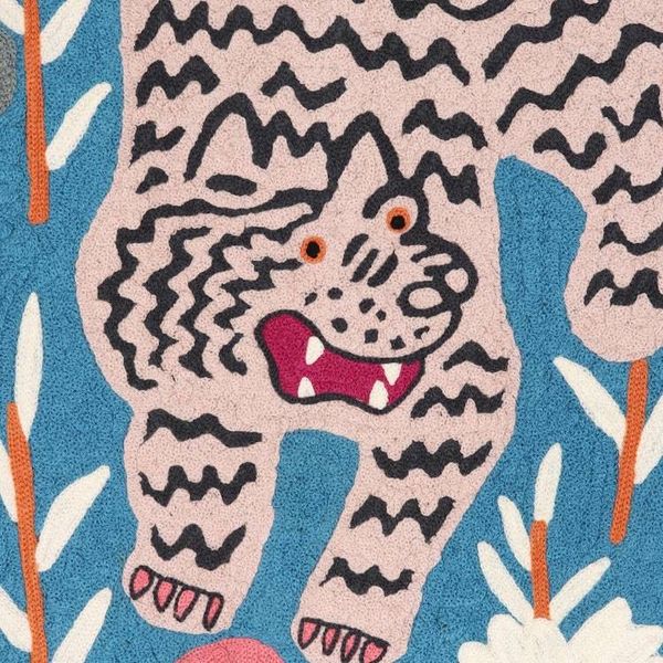 Alternate image for Floral and Tiger Motif Wool Area Rug from India Tiger Delight