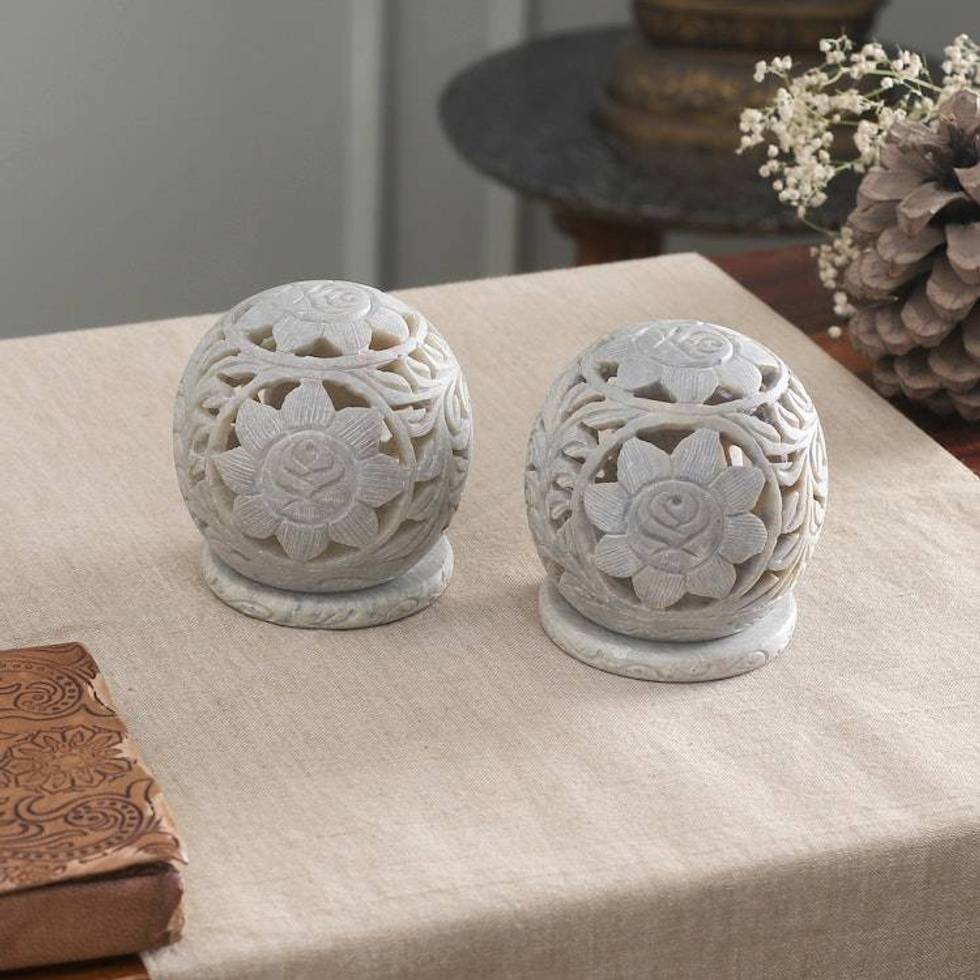 Natural Soapstone Candleholders Hand Carved in India Pair 'Sunflowers'