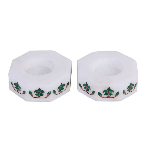 Alternate image for Octagon Marble Tealight Holder with Green Buds Pair Floral Alliance in Green