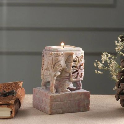 Alternate image for Animal Themed Candle Holder Soapstone Elephant Pair Set Floral Elephants