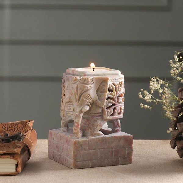 Alternate image for Animal Themed Candle Holder Soapstone Elephant Pair Set Floral Elephants