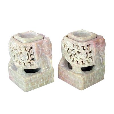 Alternate image for Animal Themed Candle Holder Soapstone Elephant Pair Set Floral Elephants