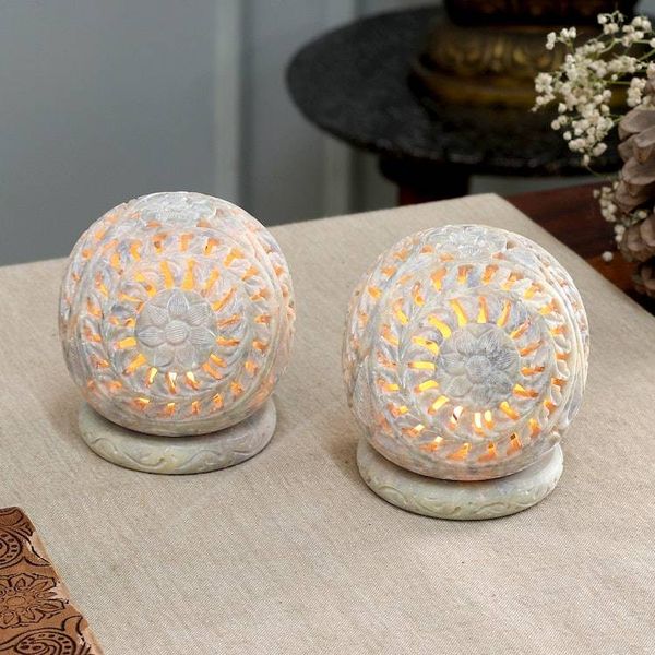 Alternate image for Hand Carved Jali Soapstone Candle Holders Pair World is a Flower