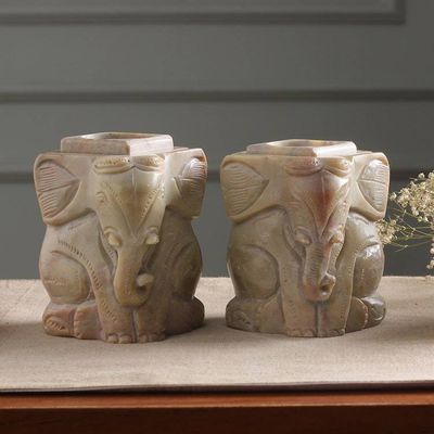Alternate image for Natural Soapstone Hand Carved Candle Holders Pair Baby Elephants