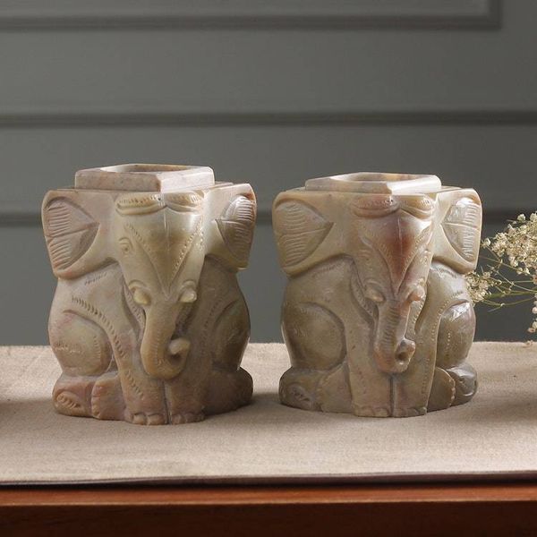 Alternate image for Natural Soapstone Hand Carved Candle Holders Pair Baby Elephants