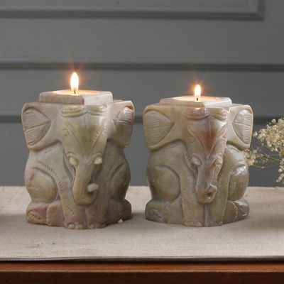 Alternate image for Natural Soapstone Hand Carved Candle Holders Pair Baby Elephants