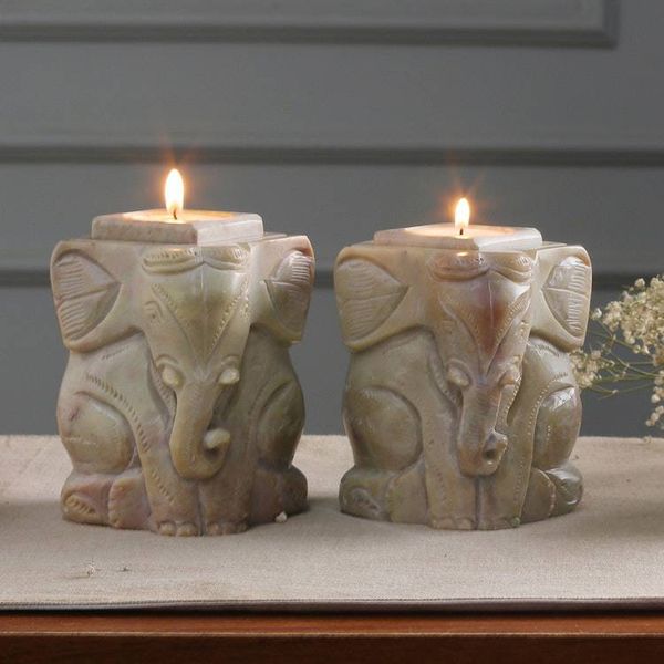 Alternate image for Natural Soapstone Hand Carved Candle Holders Pair Baby Elephants