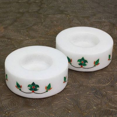 Primary image for Round Marble Tealight Holder with Green Blooming Buds Pair Floral Symmetry in Green