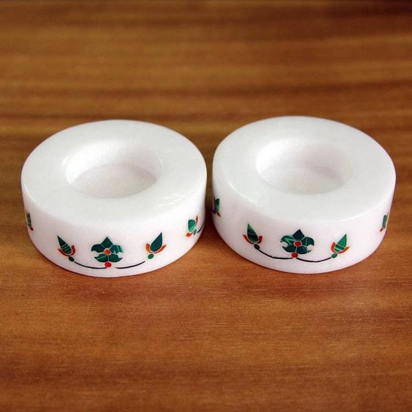 Alternate image for Round Marble Tealight Holder with Green Blooming Buds Pair Floral Symmetry in Green