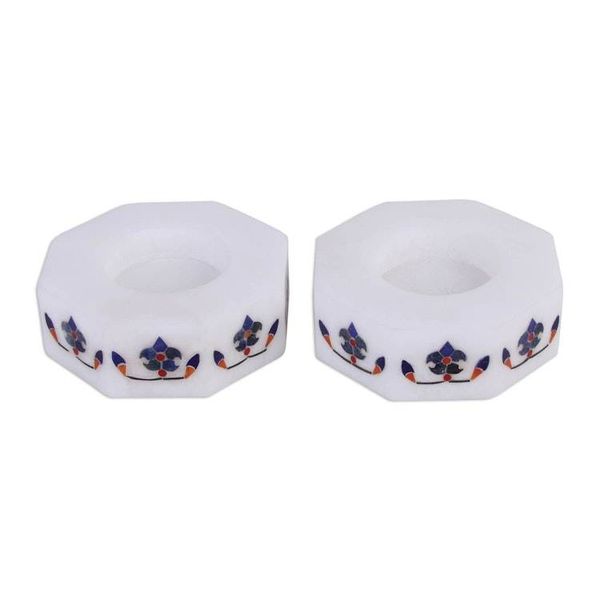 Alternate image for Octagon Marble Tealight Holders with Blue Buds Pair Floral Alliance in Blue