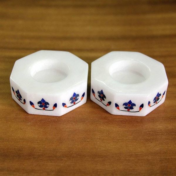 Alternate image for Octagon Marble Tealight Holders with Blue Buds Pair Floral Alliance in Blue