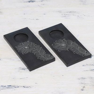 Alternate image for Pair of Handcrafted Soapstone Tealight Holders from India Peacock Flame