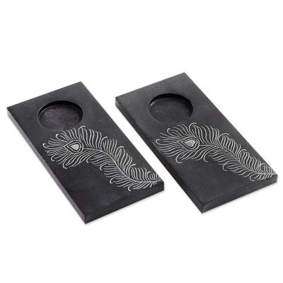 Alternate image for Pair of Handcrafted Soapstone Tealight Holders from India Peacock Flame