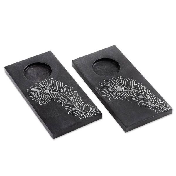 Alternate image for Pair of Handcrafted Soapstone Tealight Holders from India Peacock Flame