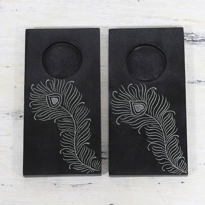 Alternate image for Pair of Handcrafted Soapstone Tealight Holders from India Peacock Flame