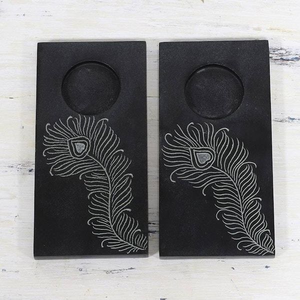Alternate image for Pair of Handcrafted Soapstone Tealight Holders from India Peacock Flame