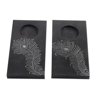 Alternate image for Pair of Handcrafted Soapstone Tealight Holders from India Peacock Flame