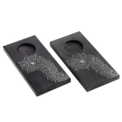 Alternate image for Pair of Handcrafted Soapstone Tealight Holders from India Peacock Flame